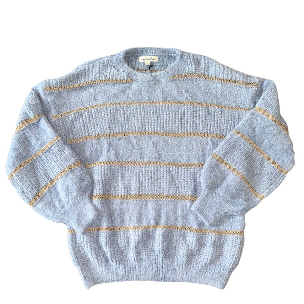 SALE Light Blue Gold Stripe Chunky Knit Soft Sweater Women's Large